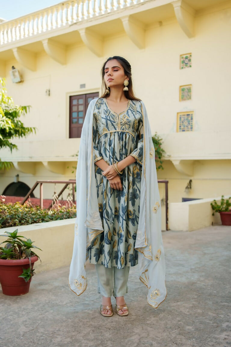 Vaasva Women SkyBlue Muslin Embroidered Kurta,Pant & Dupatta Set