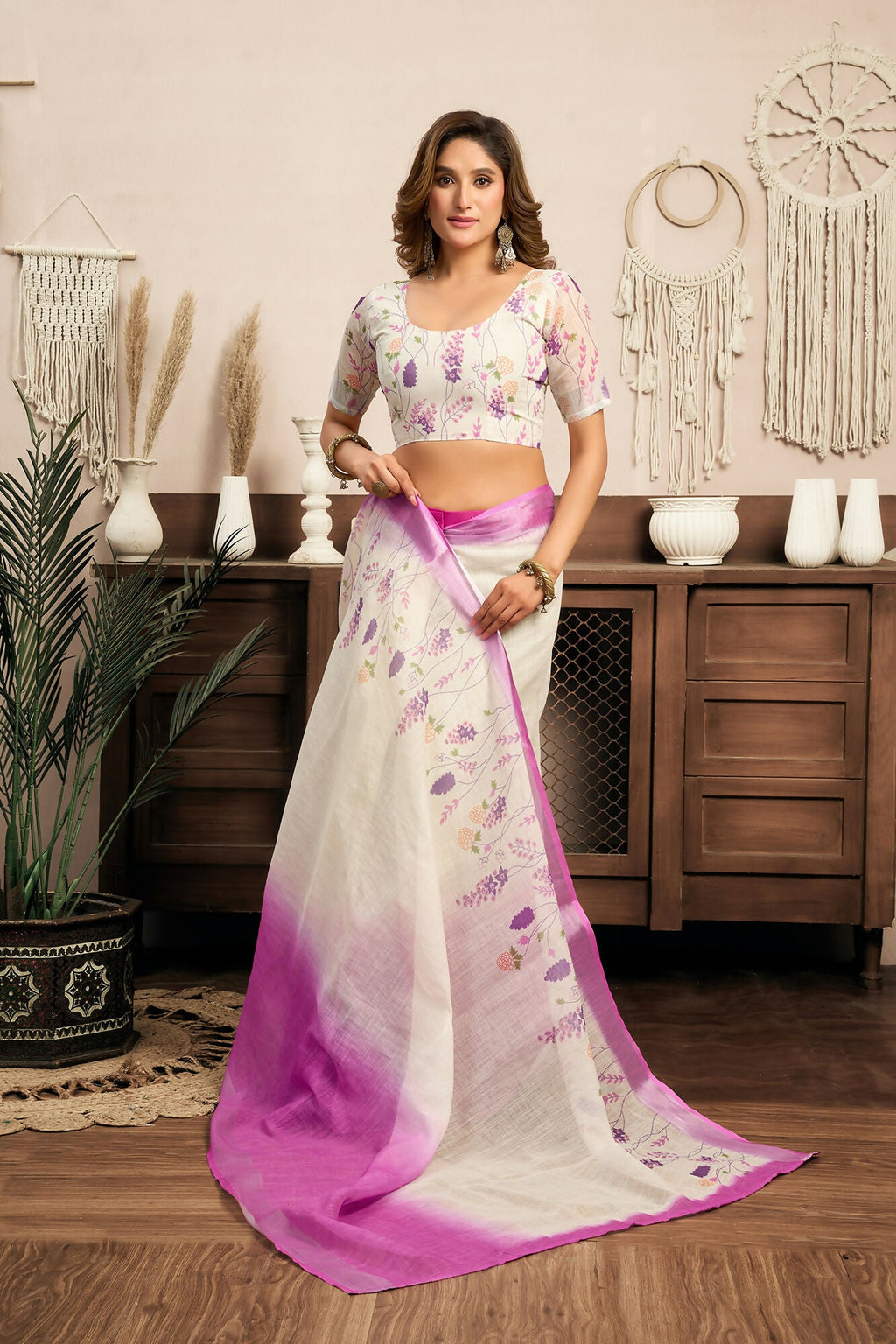 Vastranavya White Lavender Digital Printed Linen Ready To Wear Designer Saree with Unstitched Blouse