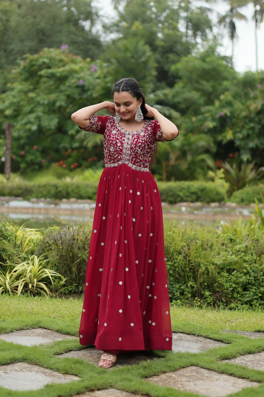 Vastranavya Premium Designer Faux Blooming with Embroidery Zari Sequins work Gown - Maroon