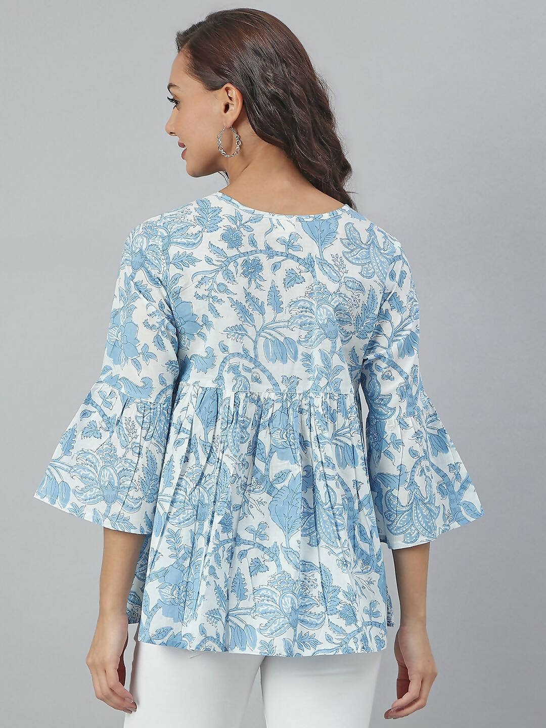 Janasya Women's White Cotton Floral Print Tiered Top