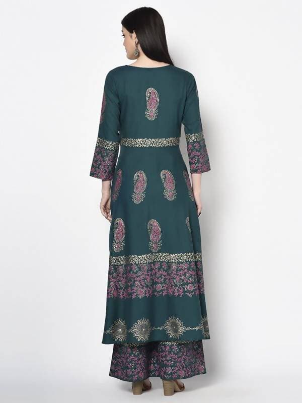 Aniyah Rayon Teal Blue Color Block Print Anarkali Palazzo Set (AN-220K)