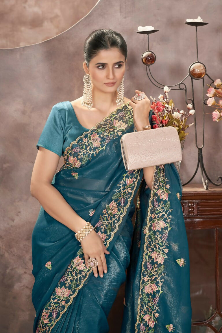 Vastranavya Gold Crunchy Multi Colour Threads Embroidery Work with Sequins Work Saree with Blouse material - Teal