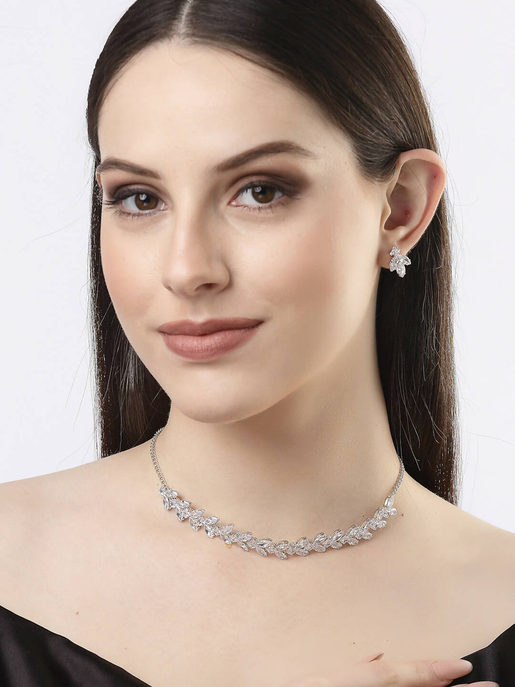 NVR Women Silver-Plated American Diamond Jewellery Set Necklace & Earrings