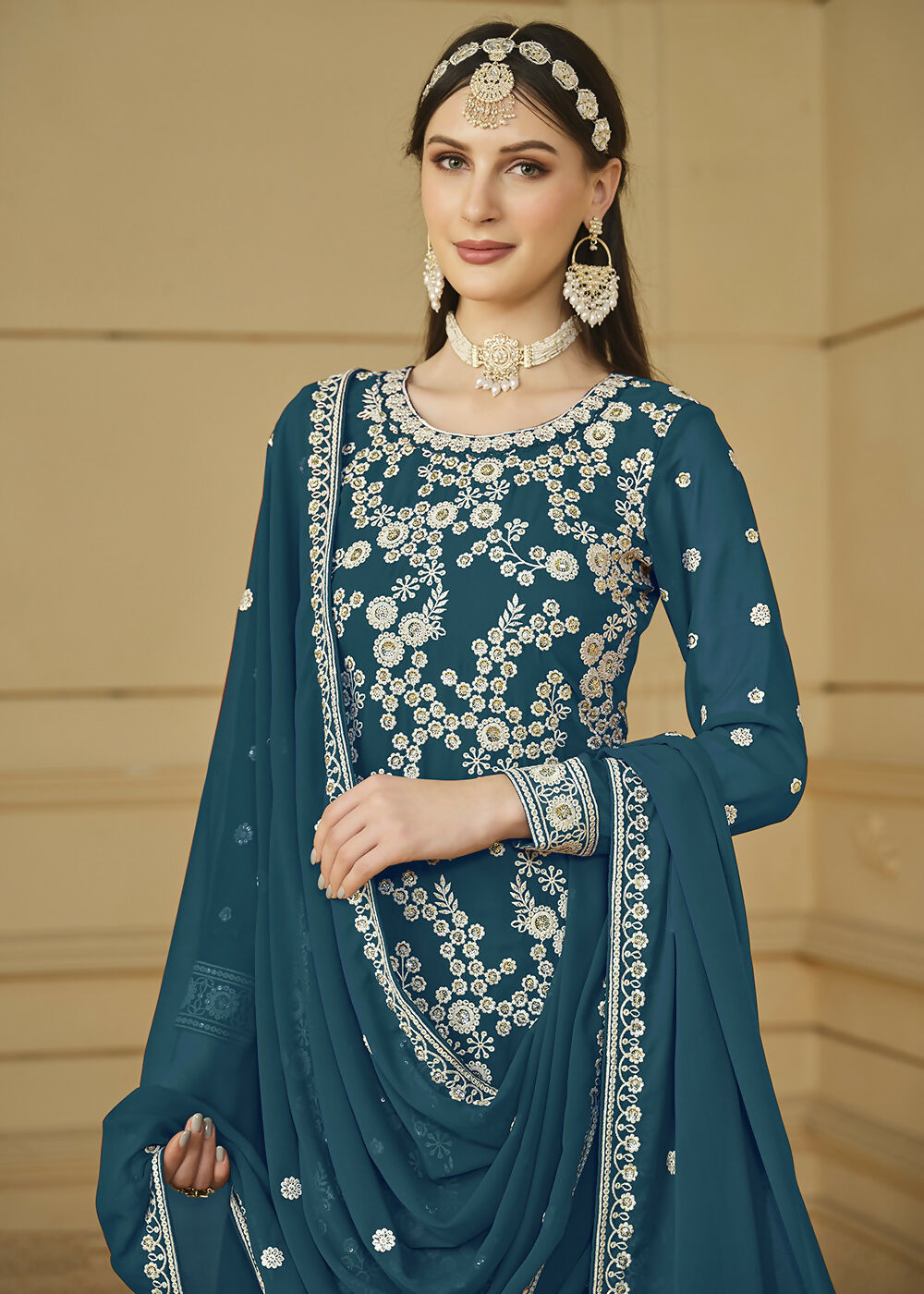 Turquoise Blue Embroidered Georgette Gharara Style Suit - Emponline