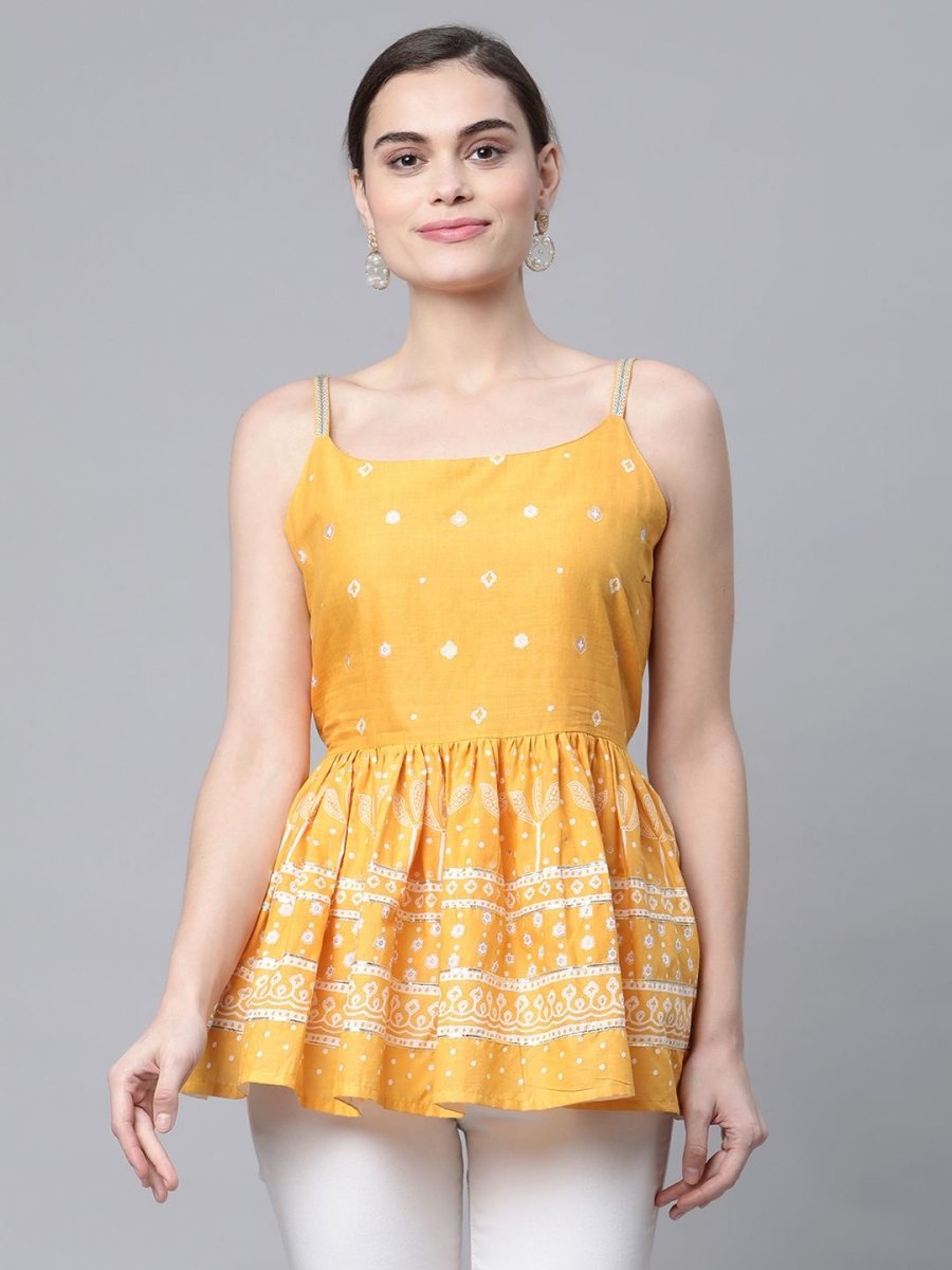 Ahalyaa Women Mustard Pure Cotton Porcian Print Shoulder Straps Tunic