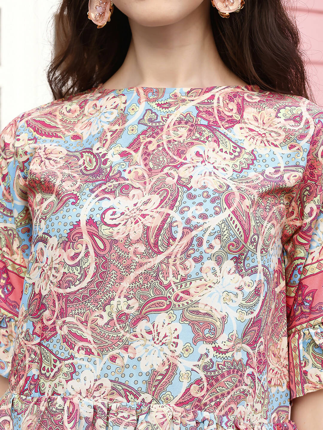 Red Rayon Floral Printed Top with Matching Bottom - Eesha