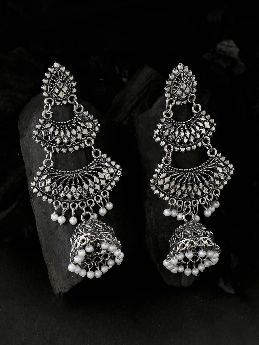 NVR Women Silver Toned Contemporary Jhumka Earrings