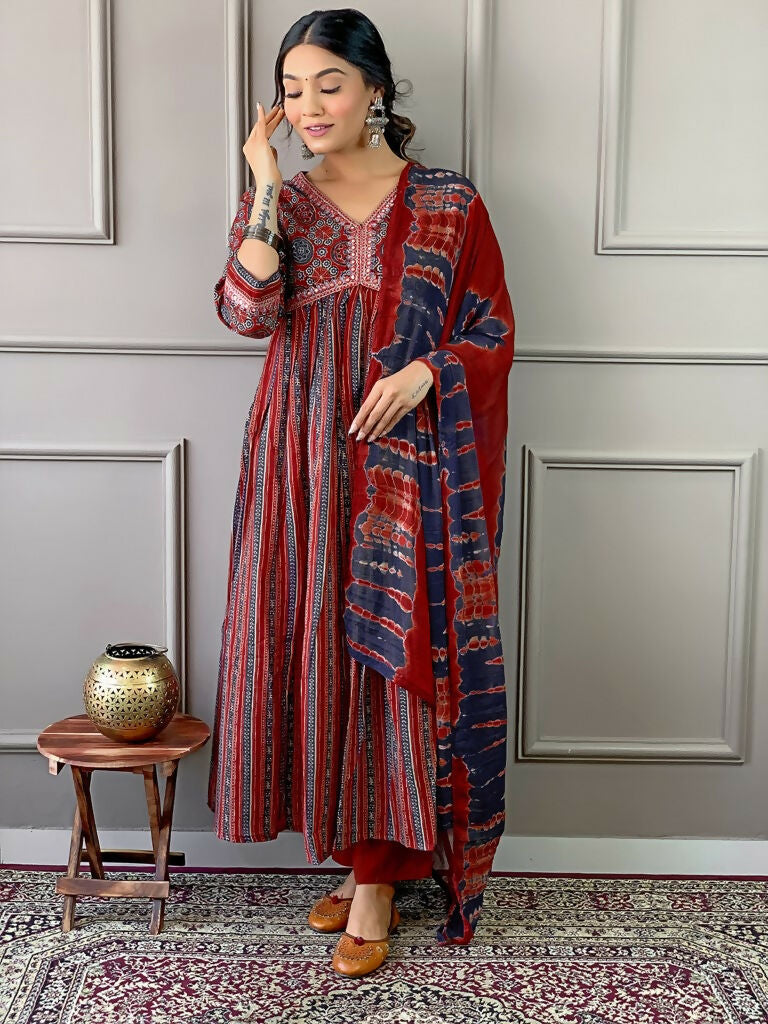 Partywear Designer Cotton Maroon Stitched Suit With Dupatta - Tanisha
