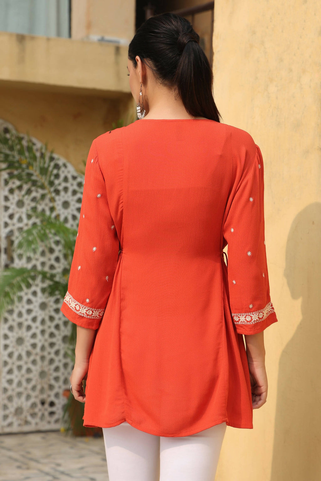 Juniper Women's Orange Rayon Crepe Embroidered Tunic