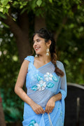 Exclusive Collection Beautiful Sky Cotton Hand Print Handloom Saree With Running Blouse Piece