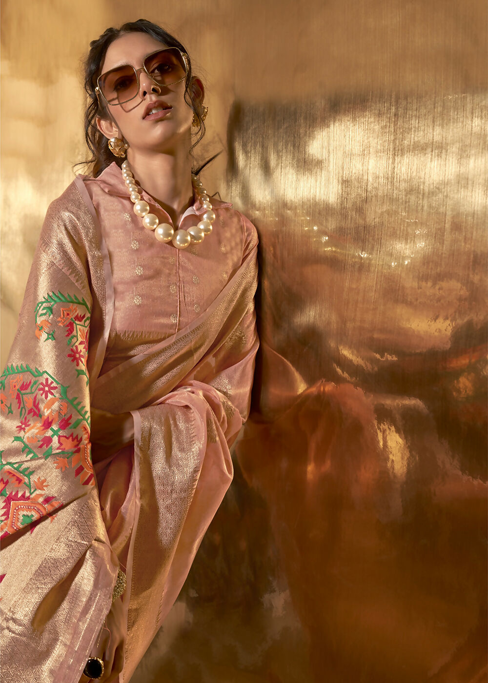 Peach Handwoven Tissue Fabric Festive & Party Style Saree - Emponline