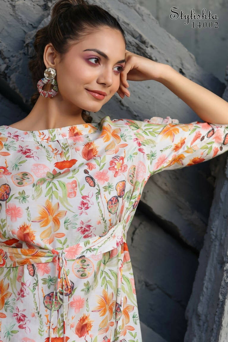 Women's Partywear Designer White & Multi Muslin co-ord set - Stylishta