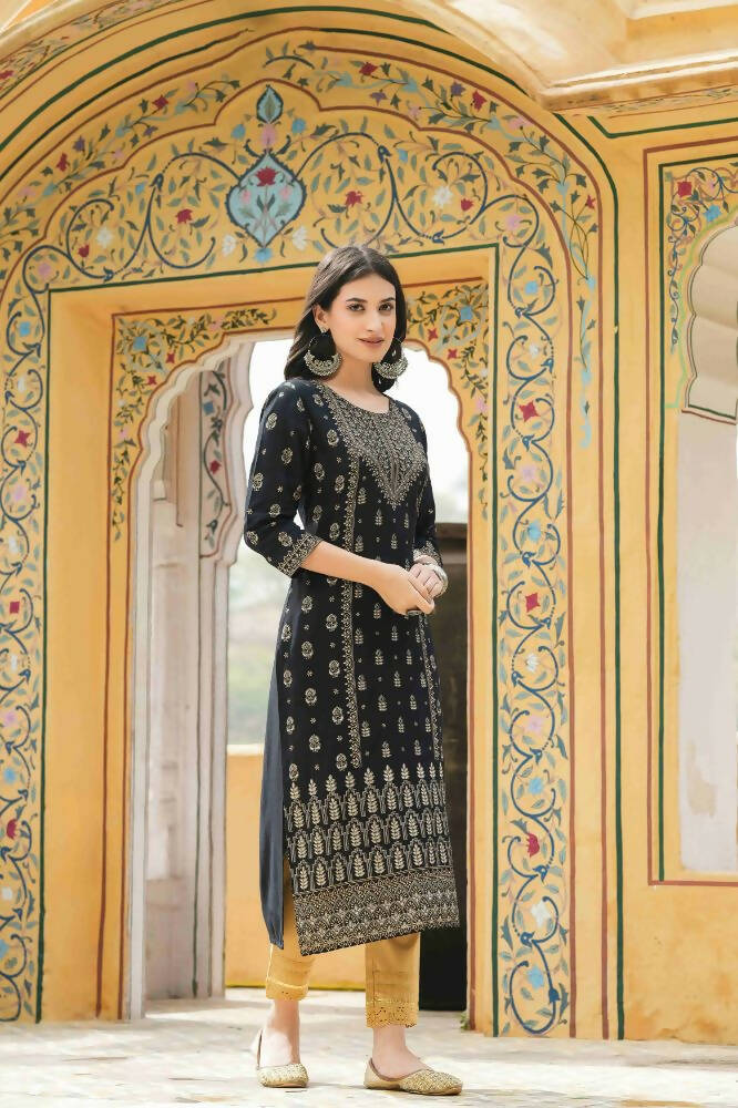 Juniper Black Rayon Festive Printed Straight Kurta For Women
