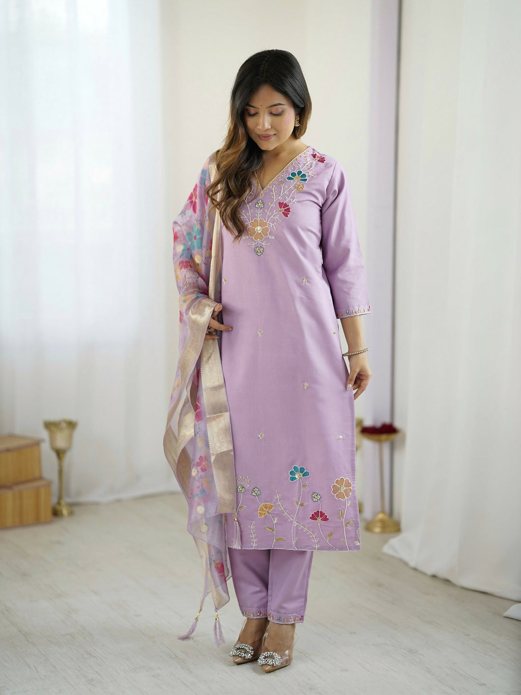 The52 Lavender Women's Gorgeous Embroidered work Viscose Gadhwal Fabric Straight Kurta, Pant and Dupatta Set