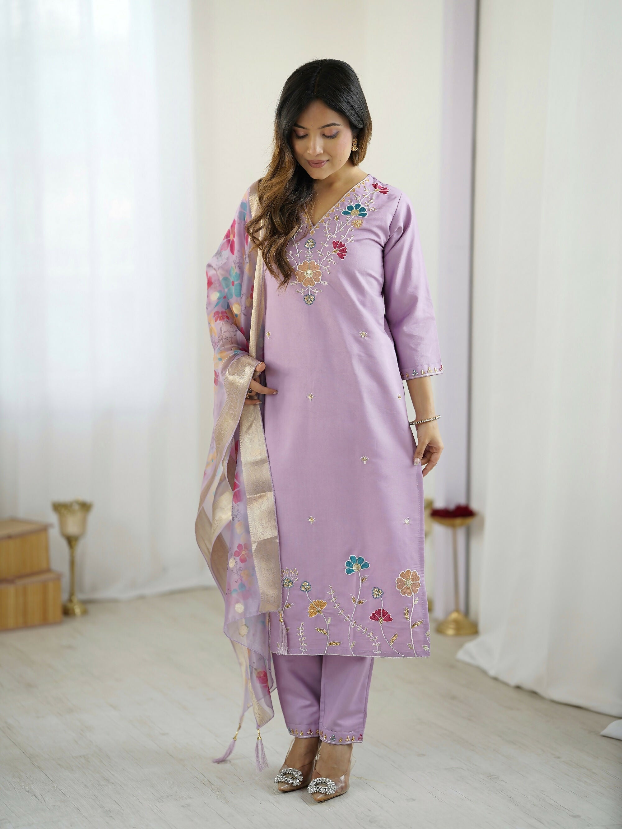 The52 Lavender Women's Gorgeous Embroidered work Viscose Gadhwal Fabric Straight Kurta, Pant and Dupatta Set
