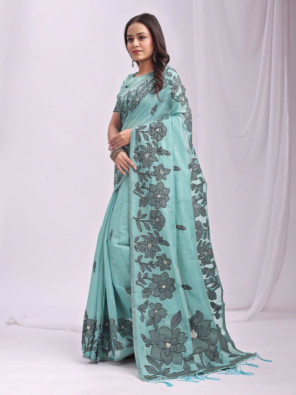 Shree Shyam Fashion Kashira Sea Green Linen Cotton Saree
