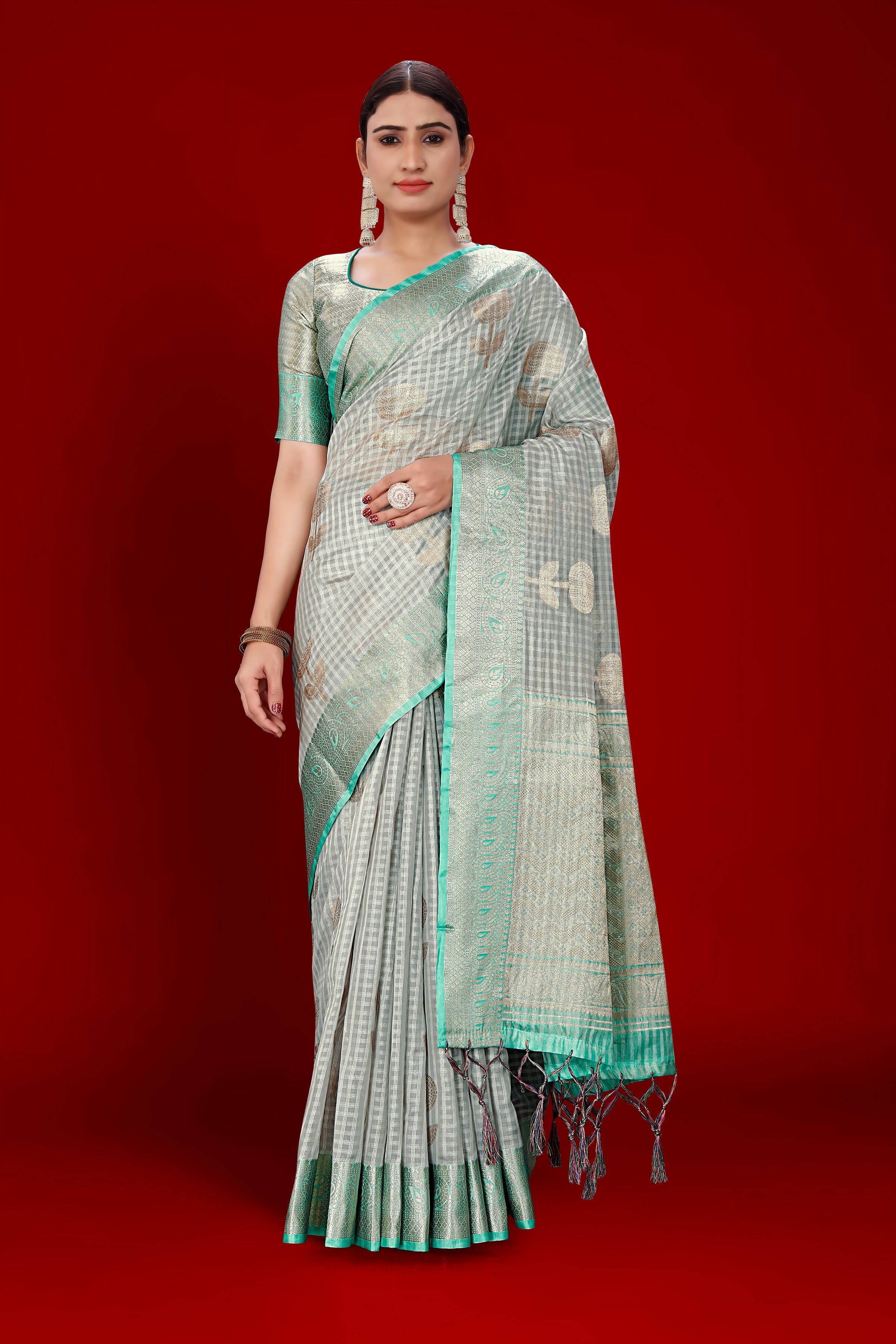 Grey Soft Organza Woven Design Saree With Unstitched Blouse Piece - Zaara