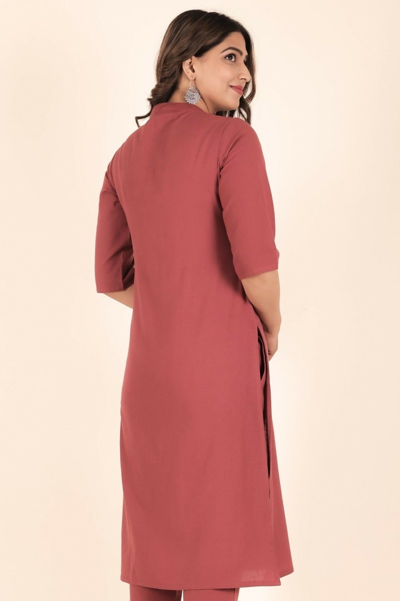 Aramya Pink Linen Cotton Solid Straight Kurta for Women