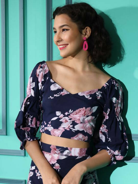 Blue Crepe Floral Printed Top with Matching Skirt - Shivani
