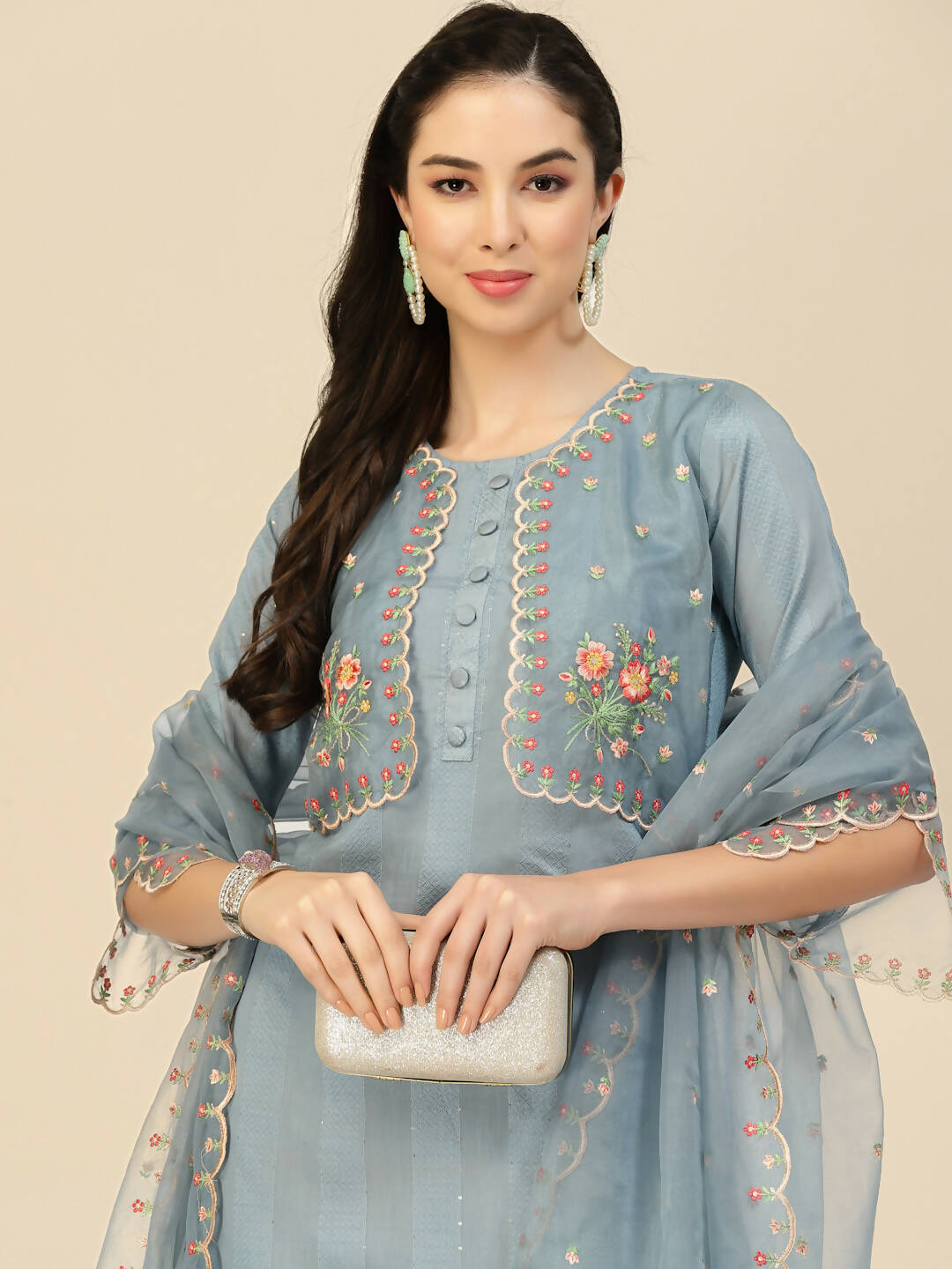 Sky Blue Embroidered Chinon Straight Kurta With Trouser & Dupatta - Salimar