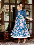 Miravan Women's Jaipuri Flower Printed Blue Anarkali Kurta With Beautiful Border Details