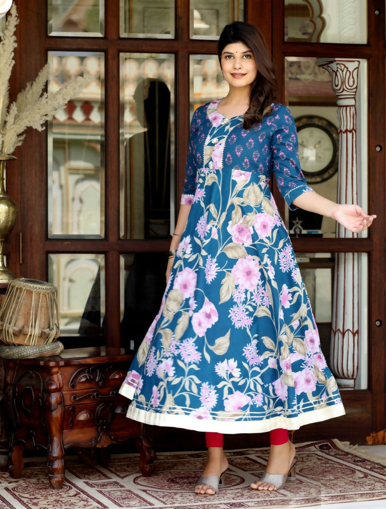 Miravan Women's Jaipuri Flower Printed Blue Anarkali Kurta With Beautiful Border Details