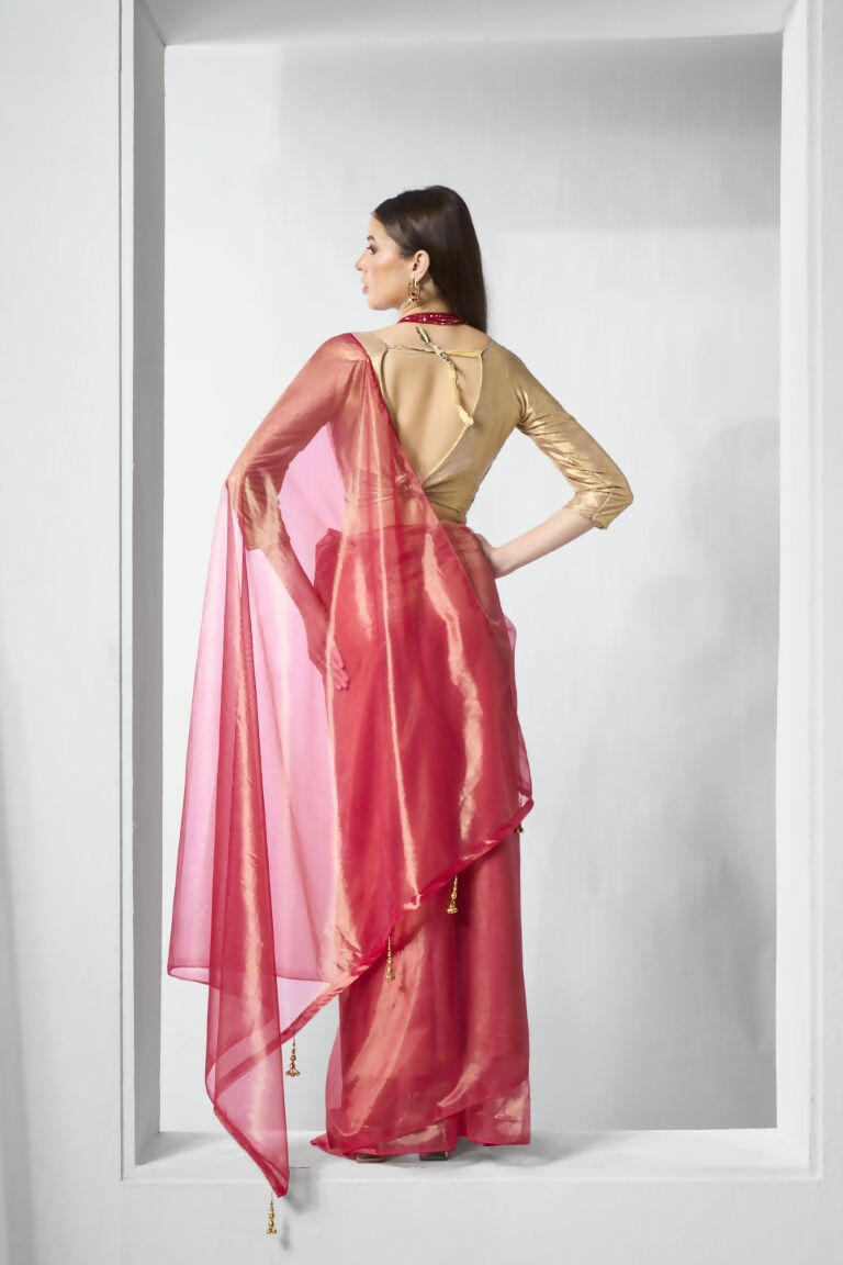 Red Gold Tissue Net Solid & Gold Cotted Saree - Samaa