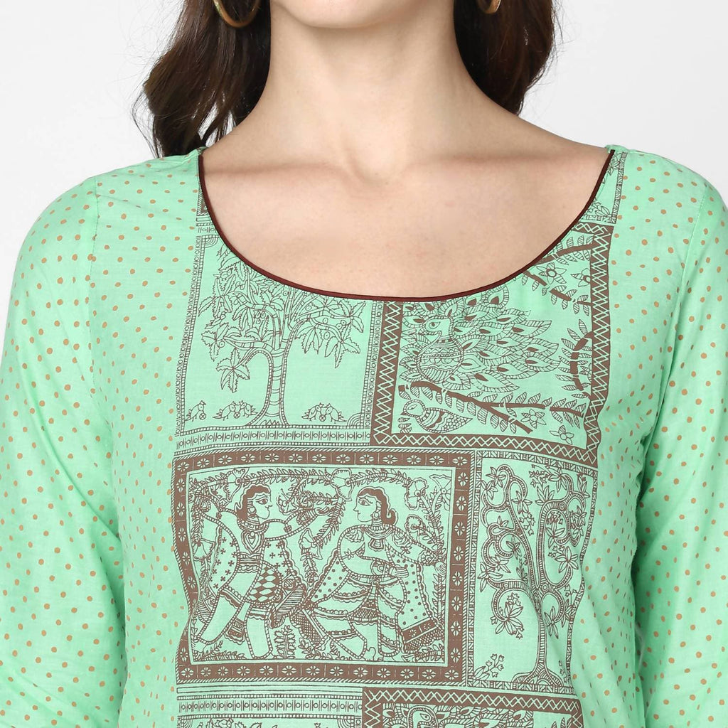 Cheera Hand Block Print Light Green & Maroon Straight Kurta With Palazzo (MAAI-090K)