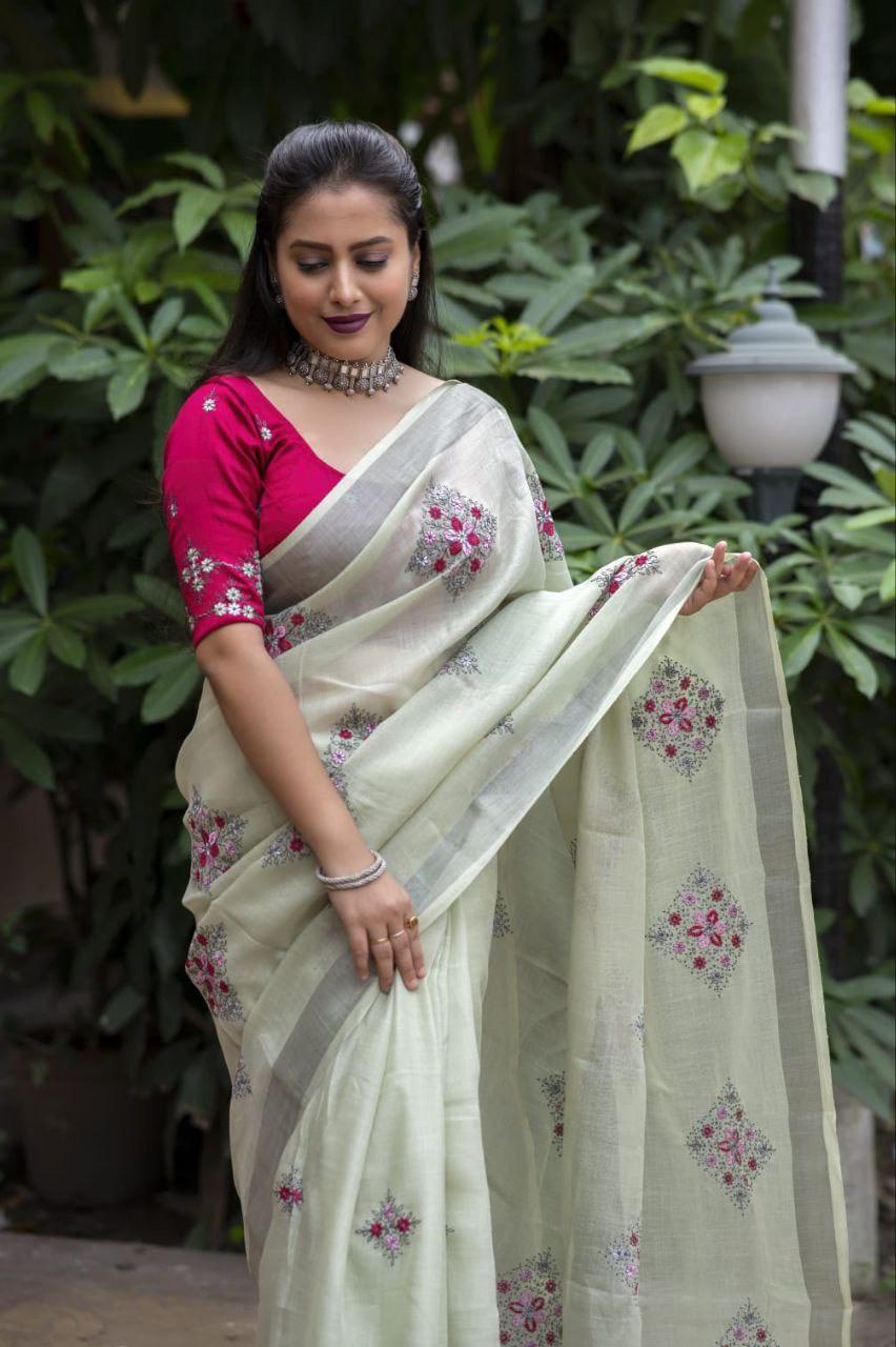 Green Pure Linen Ethnic Motifs Saree with Unstitched Blouse - Hiral Fashion