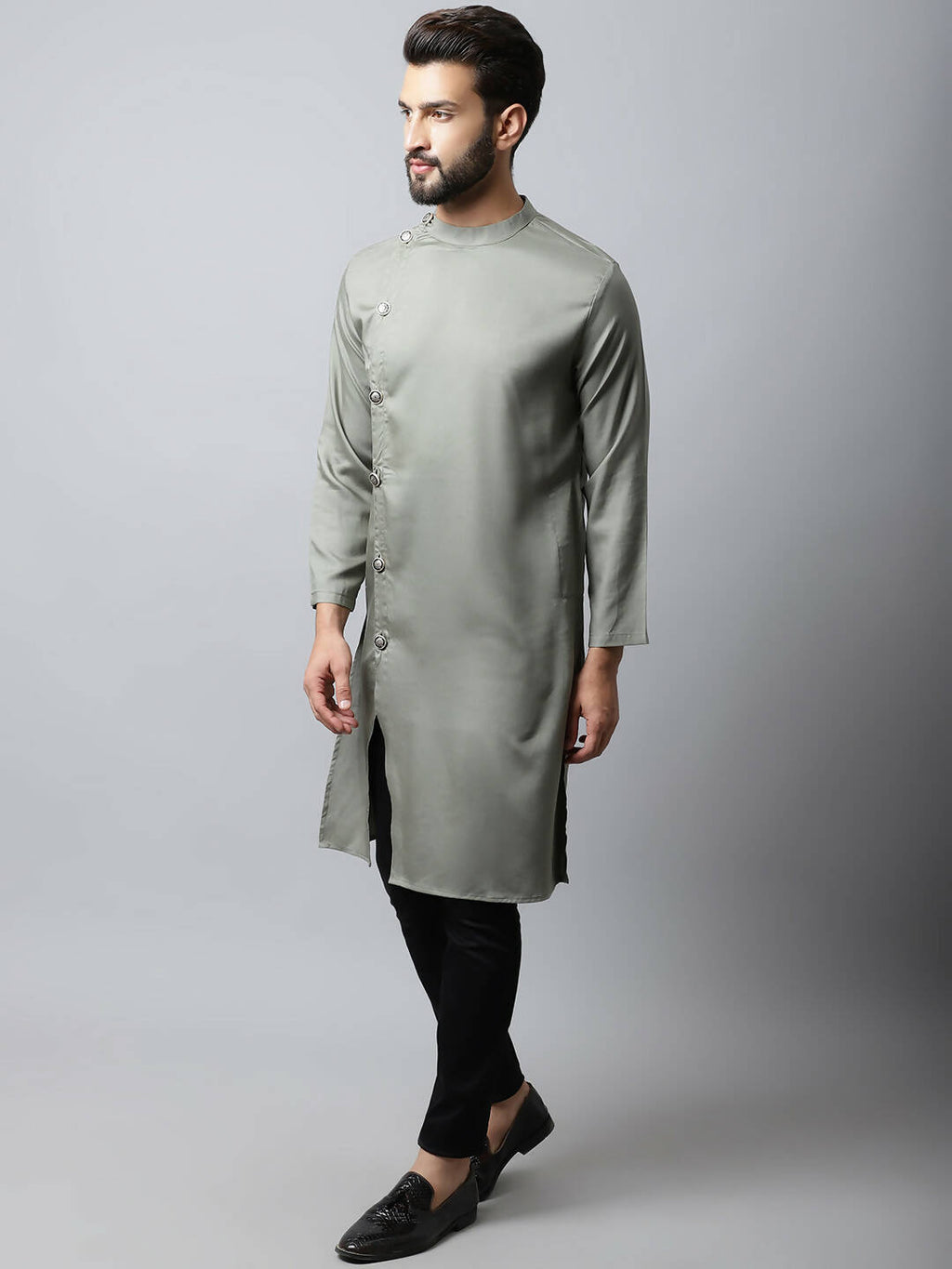 Even Apparels Grey Color Pure Cotton Sherwani Men's Kurta With Asymetrical Cut (SLD1181)