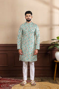 Blue Art Silk Digital Printed, Embroidery Work Kurta Set - Mahotsav