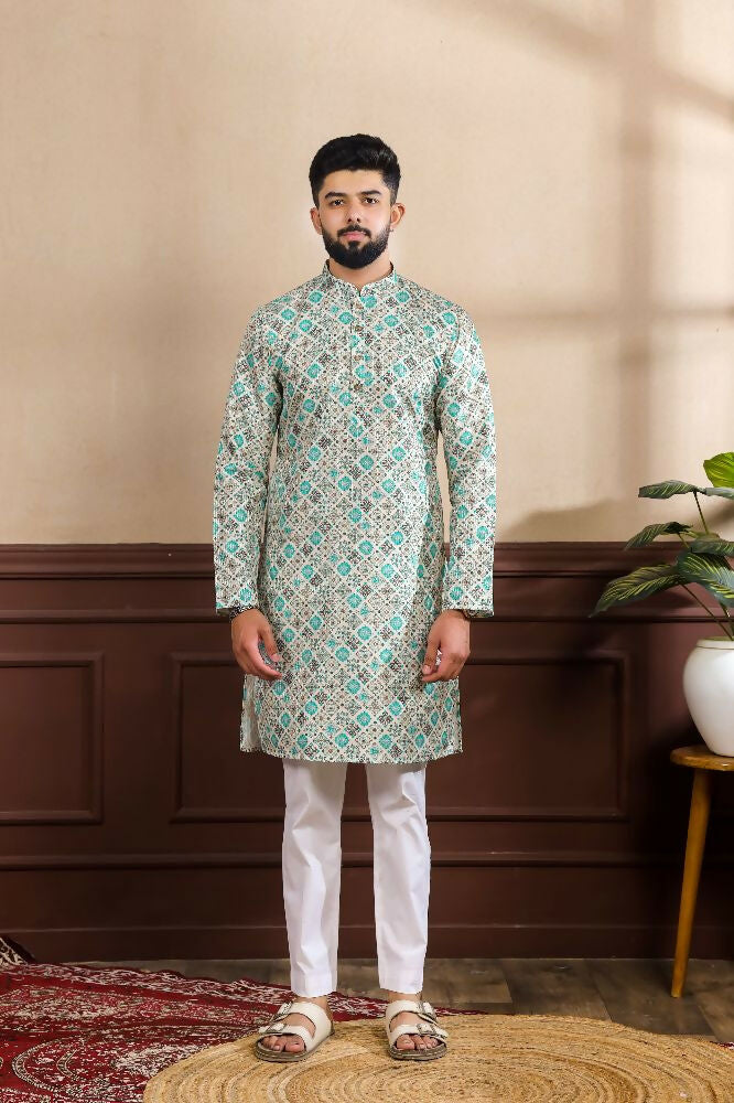 Blue Art Silk Digital Printed, Embroidery Work Kurta Set - Mahotsav