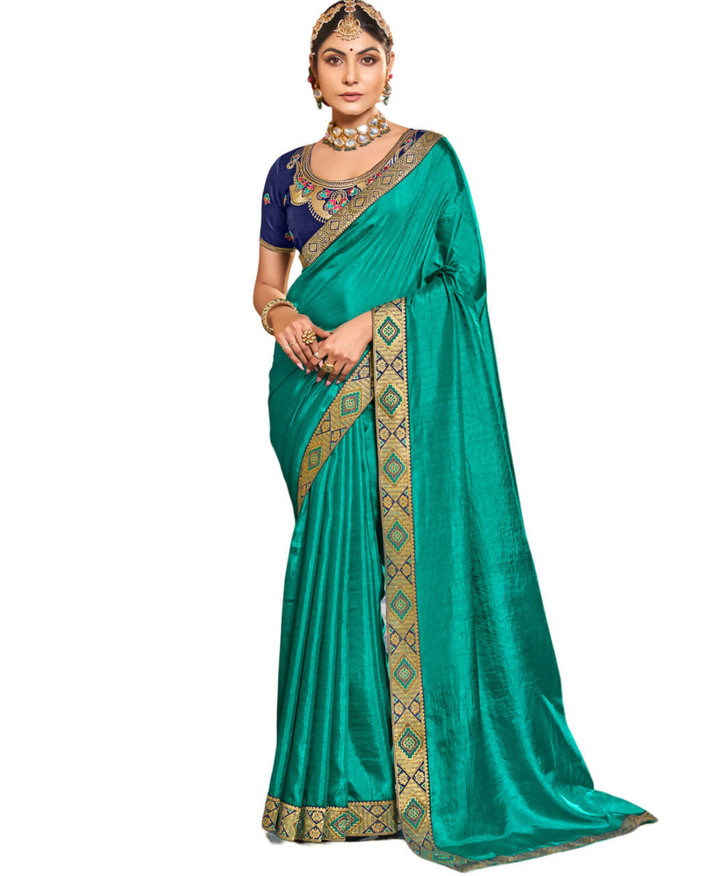 Sea Green Solid Vichitra Saree With Unstitched Blouse Piece - Selena