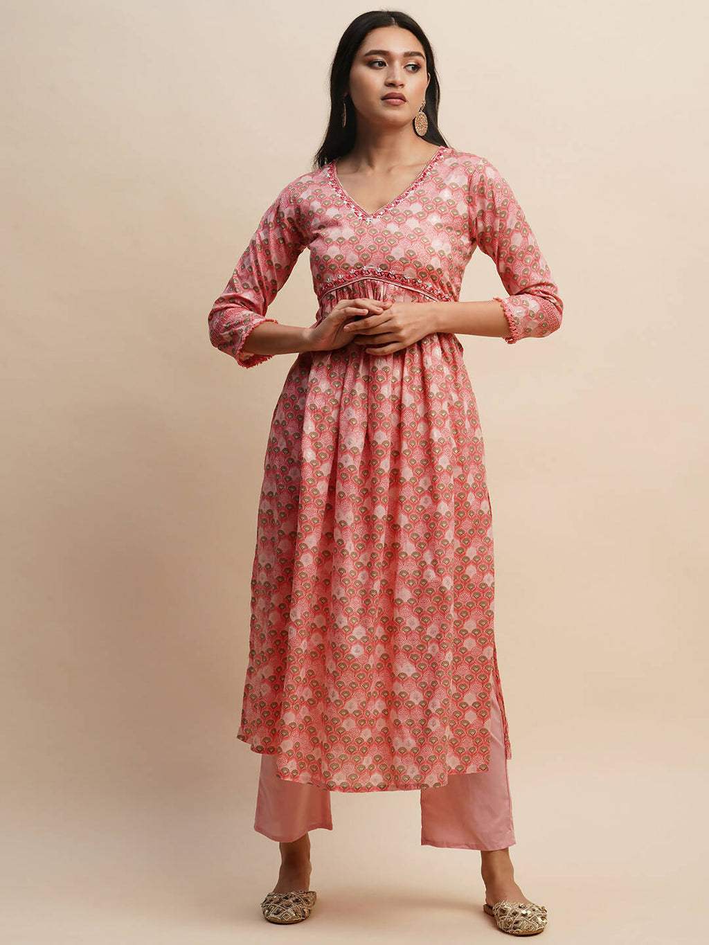 Pink Pure Cotton Floral Printed Naira Cut Kurta And Bottom With Dupatta - Akashara