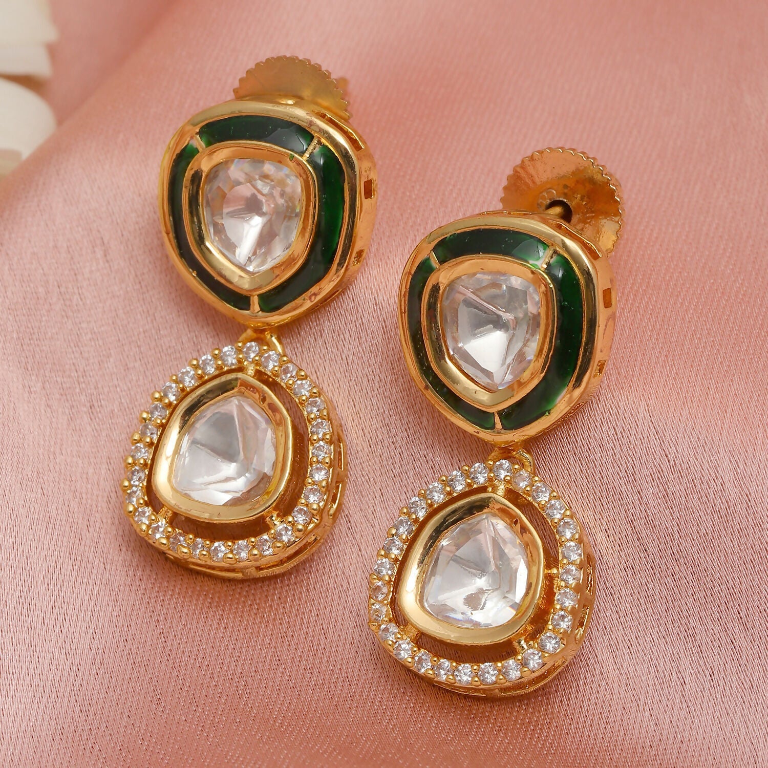 Duet Gold and Meenakari Earrings (Gold) - Ruby Raang