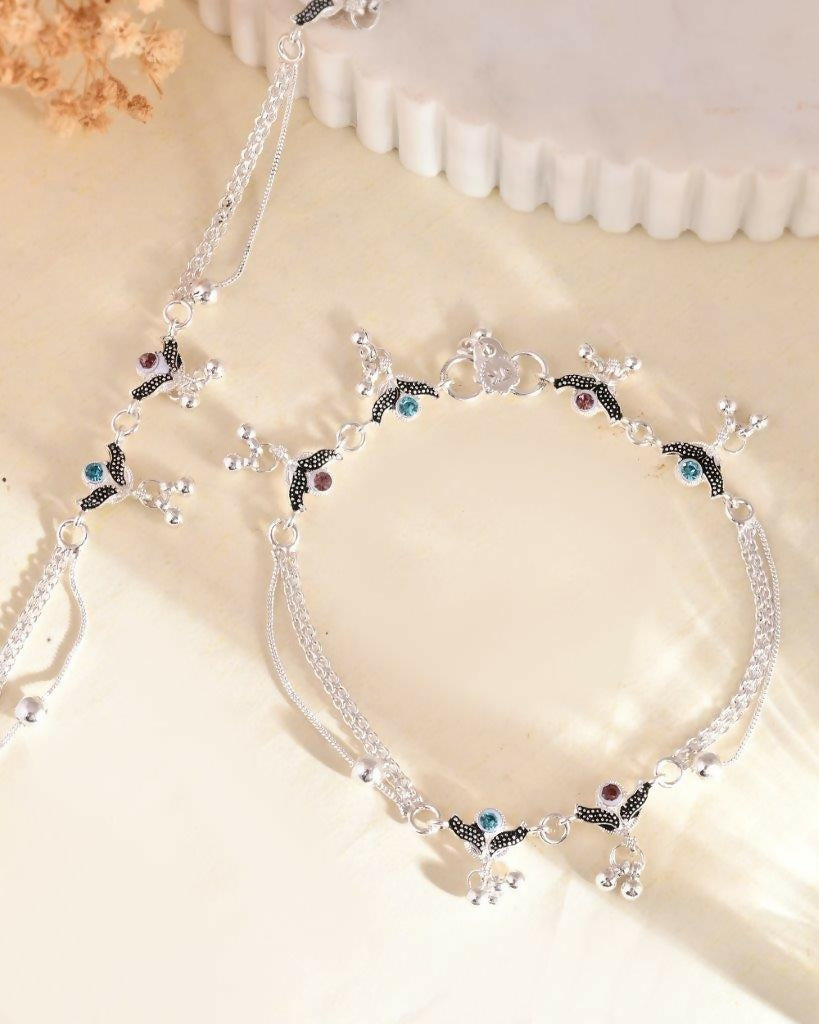 VOJ Set of 2 Designer Mutli Color Stone Studded Anklet
