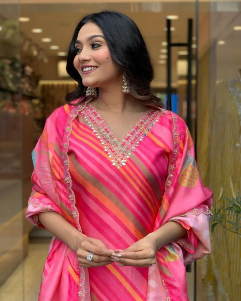 Partywear Designer Pure Russian Silk Pink Stitched Suit With Dupatta - Tanisha