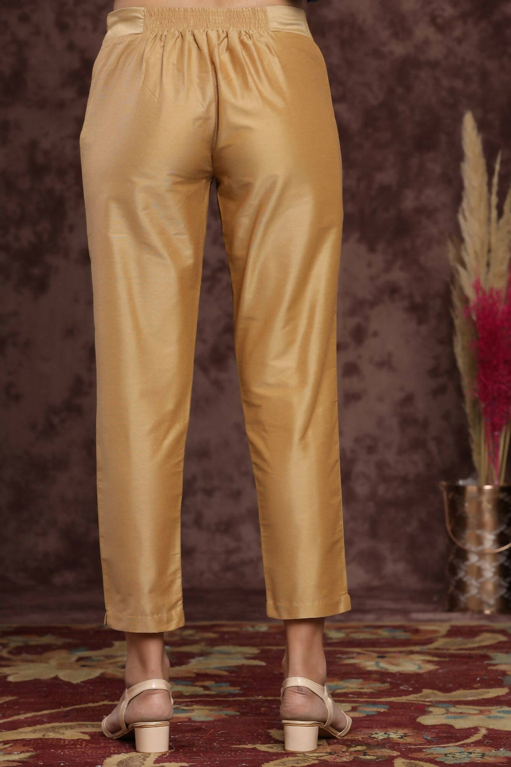 Juniper Women Gold Poly Silk Solid Slim Fit Pant/Slim Pant