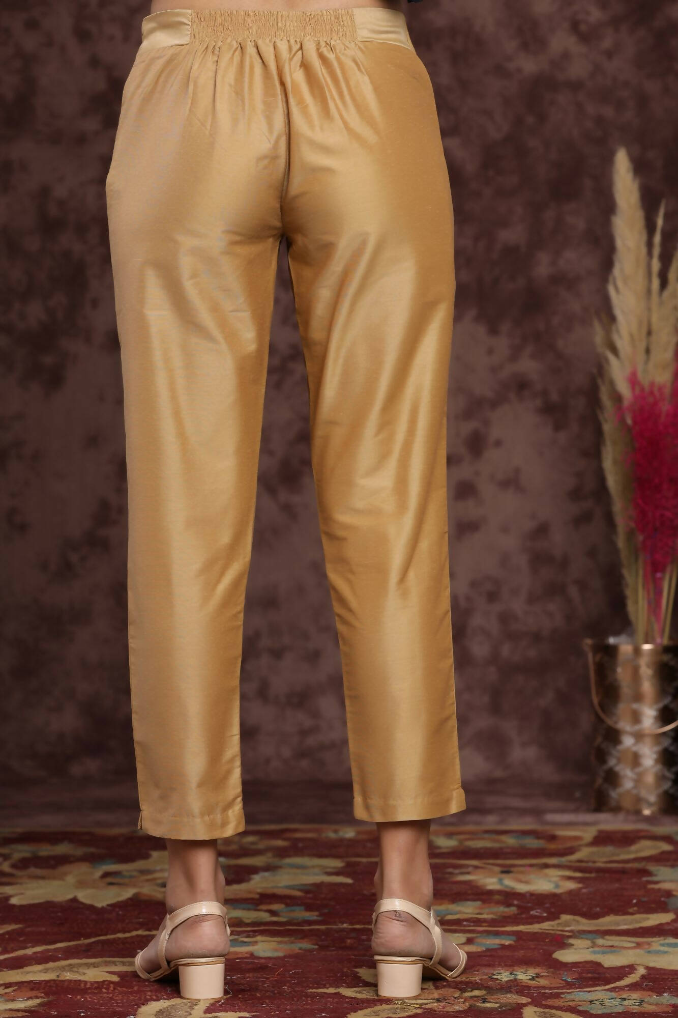 Juniper Women Gold Poly Silk Solid Slim Fit Pant/Slim Pant