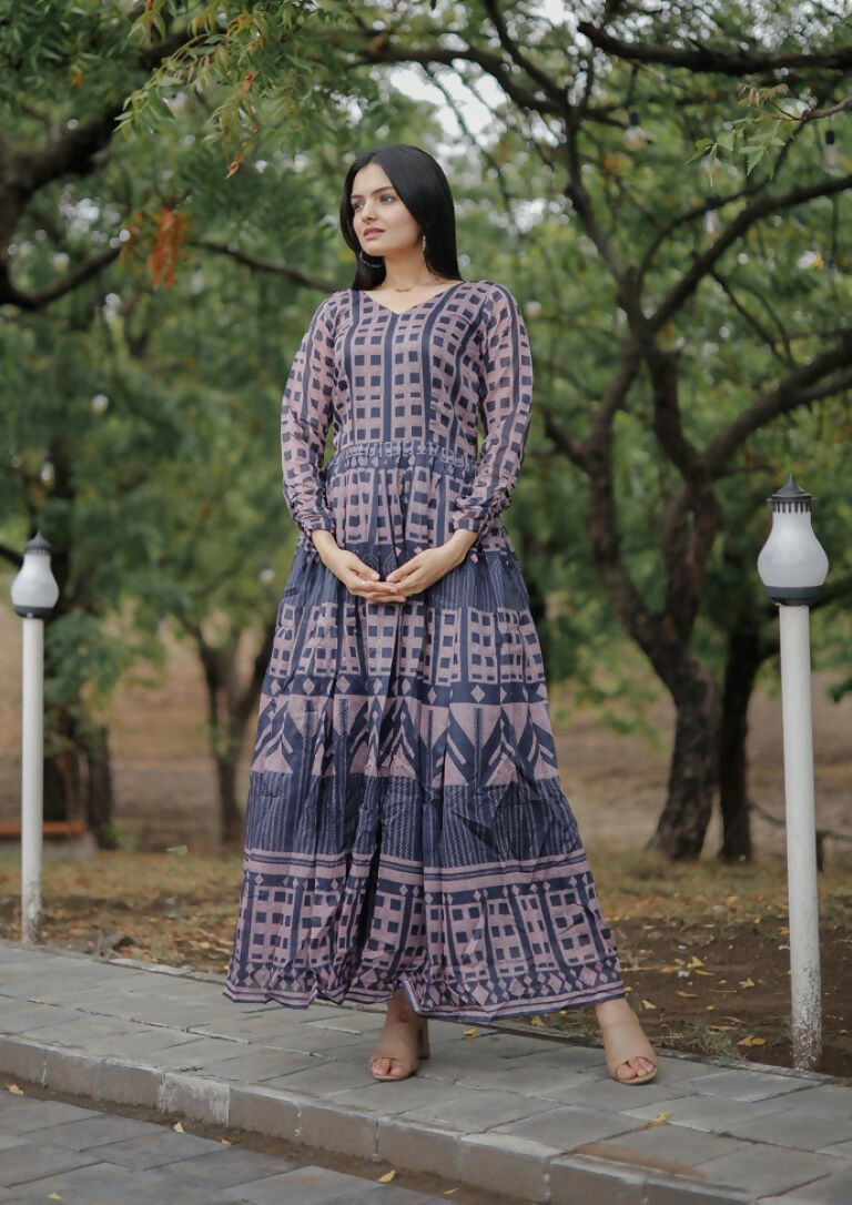 Jyoti Fashion Women's Navy Blue Heavy Digital Printed Pure Chanderi Anarkali Dress