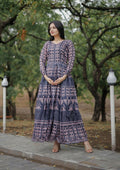 Jyoti Fashion Women's Navy Blue Heavy Digital Printed Pure Chanderi Anarkali Dress