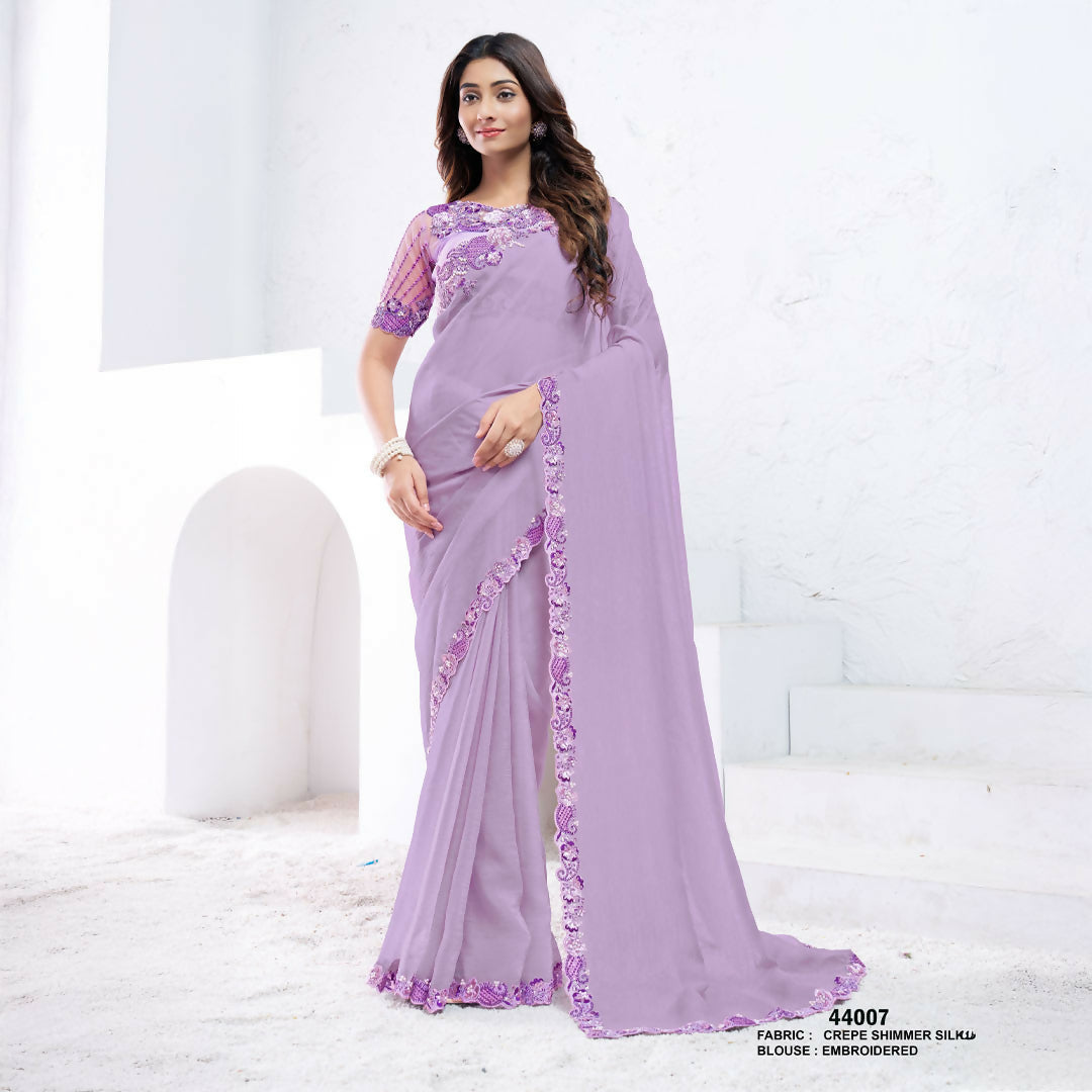 Lavendar Crepe Shimmer Silk Moti With Hand Work Saree With Unstitched Blouse - Norita Swaraa