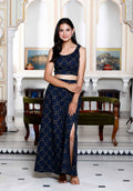 Miravan Women's Blue Abstract Print Crop Top And Side Slit A-Line Skirt Co-Ord Set
