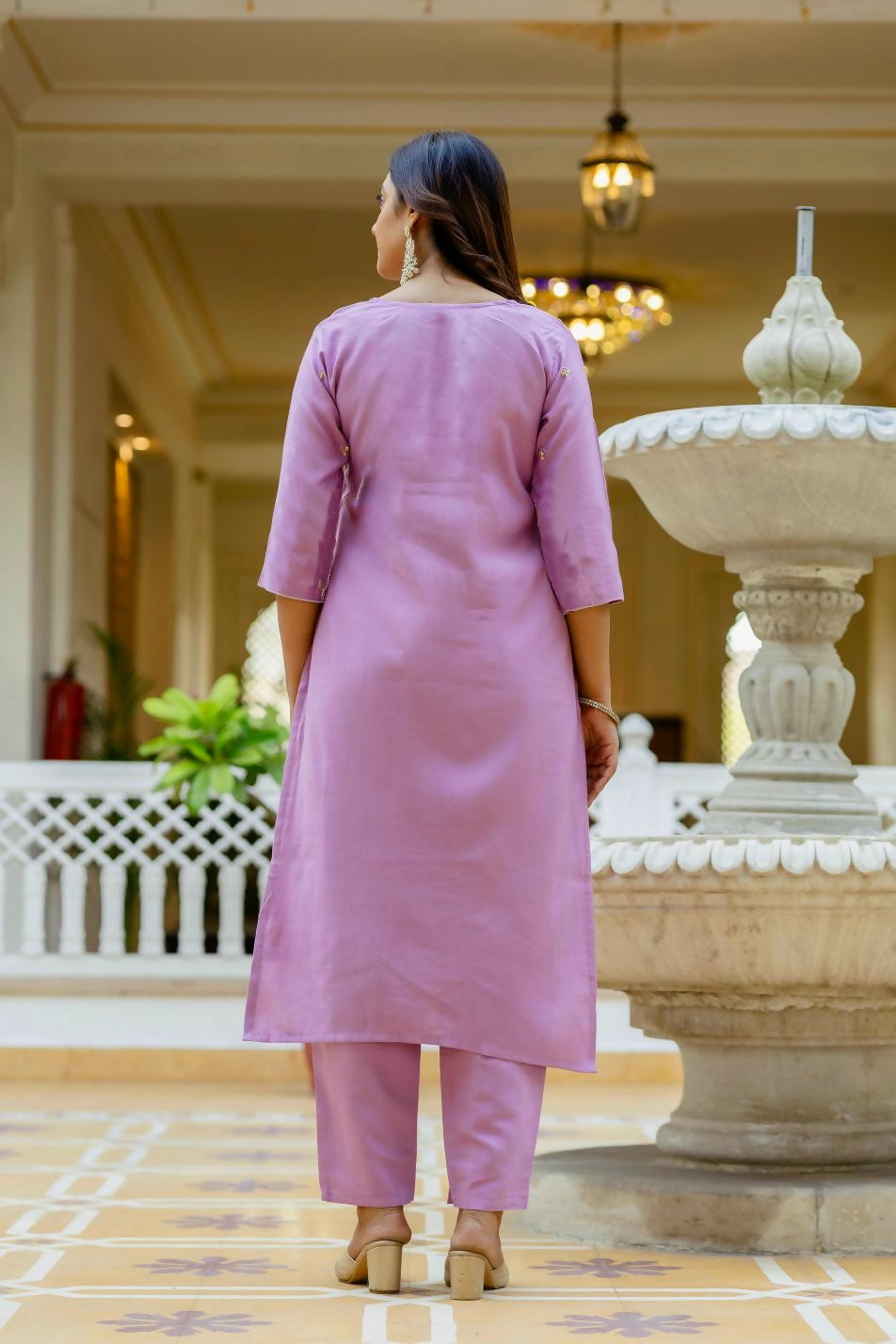 The52 Lavender Women's Gorgeous Embroidered work Viscose Gadhwal Fabric Straight Kurta, Pant and Dupatta Set