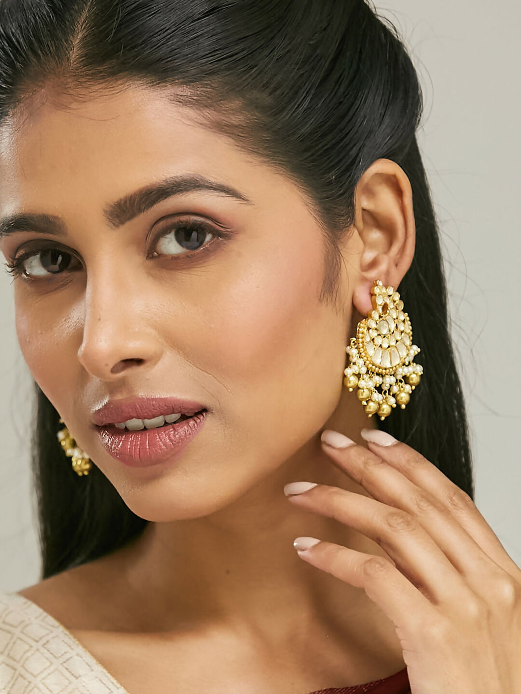 Nuyug 22K Gold-Plated Kundan Stone Studded & Pearl Drop Beaded Crescent Shaped Chandbalis