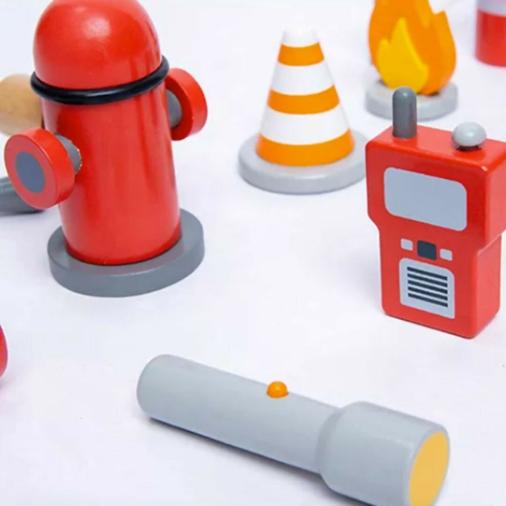 Nesta Toys Wooden Firefighter Pretend Play Toy with Fireman Costume Kit (14 Pcs)