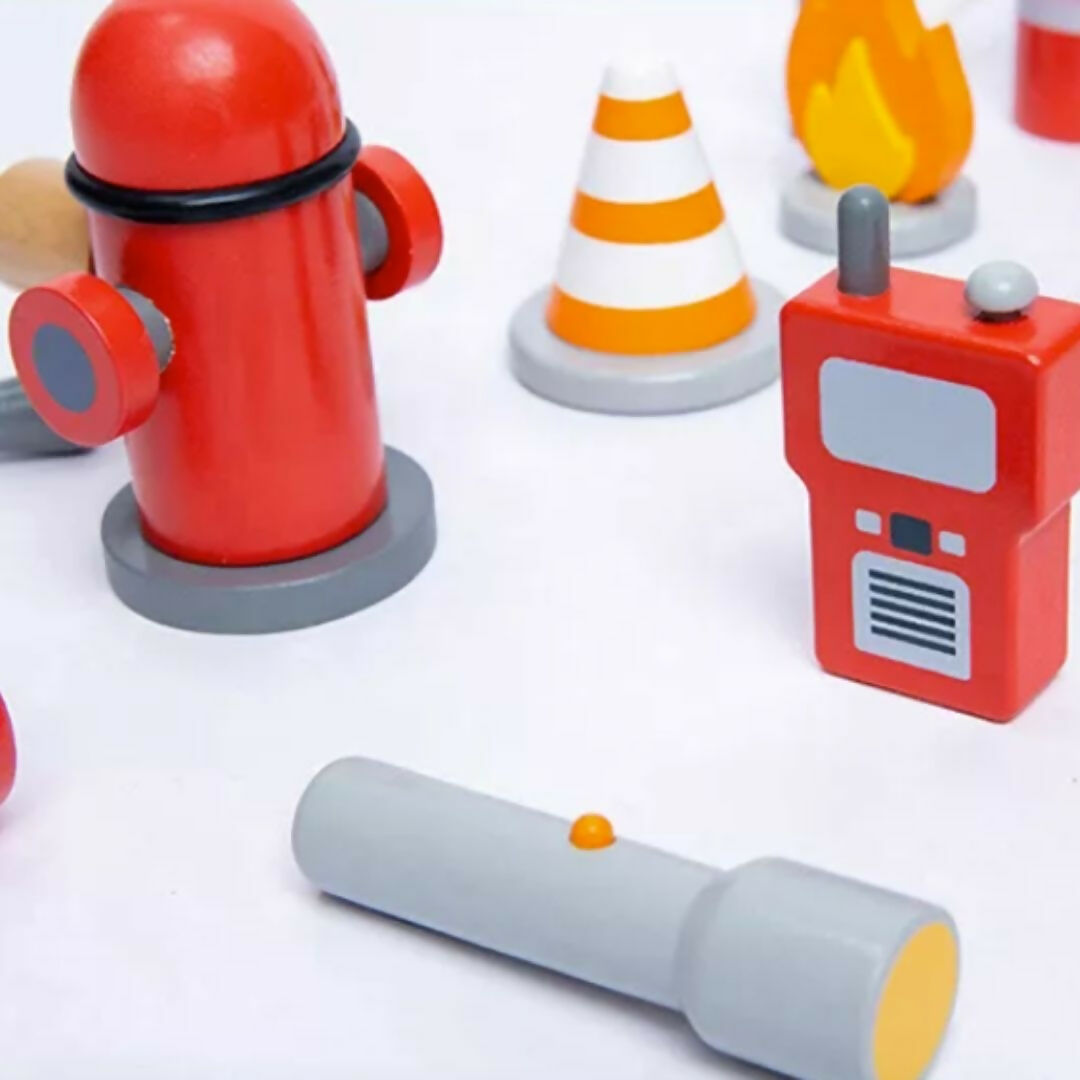 Nesta Toys Wooden Firefighter Pretend Play Toy with Fireman Costume Kit (14 Pcs)