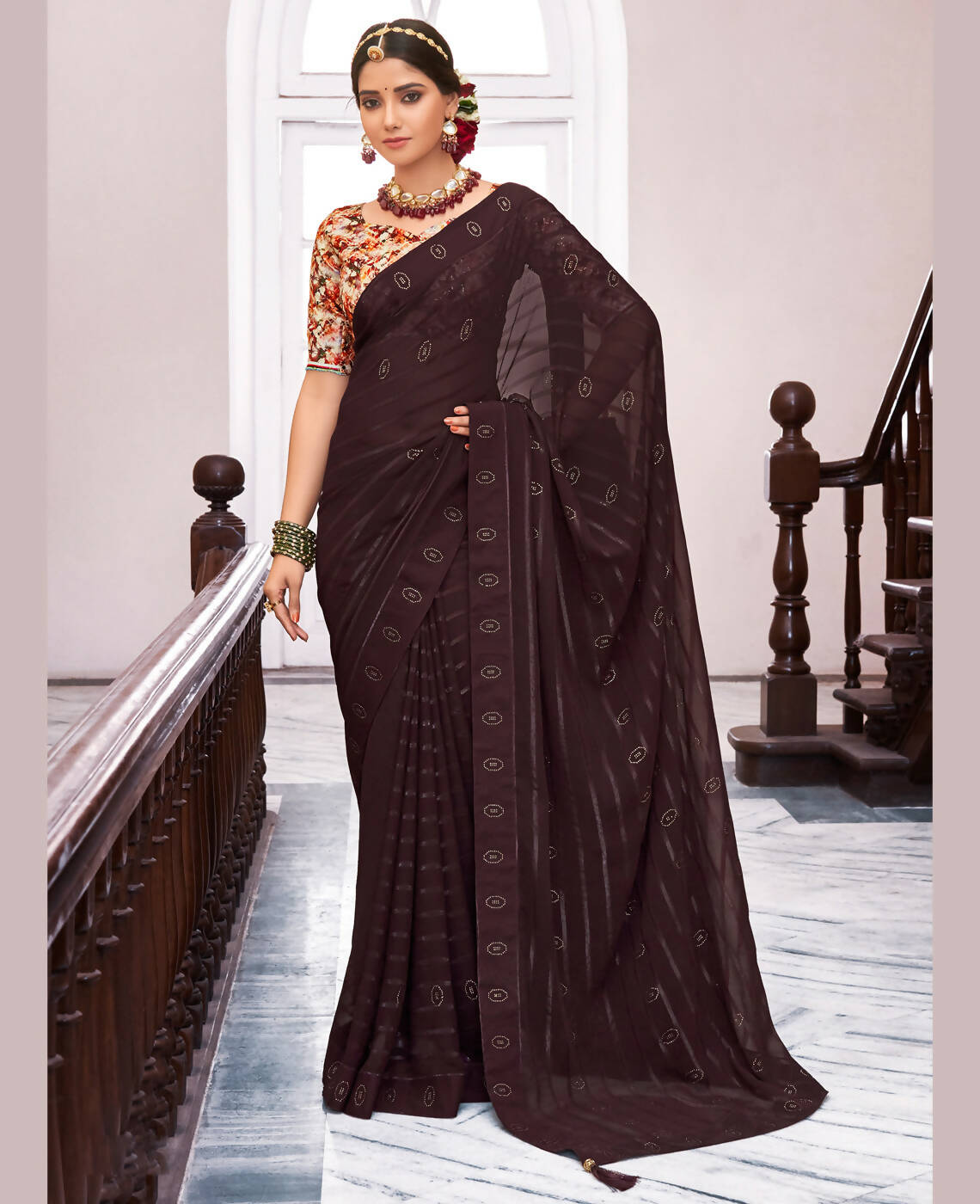 Brown Georgette Swaroski Work Saree With Unstitched Blouse Piece - Juhi