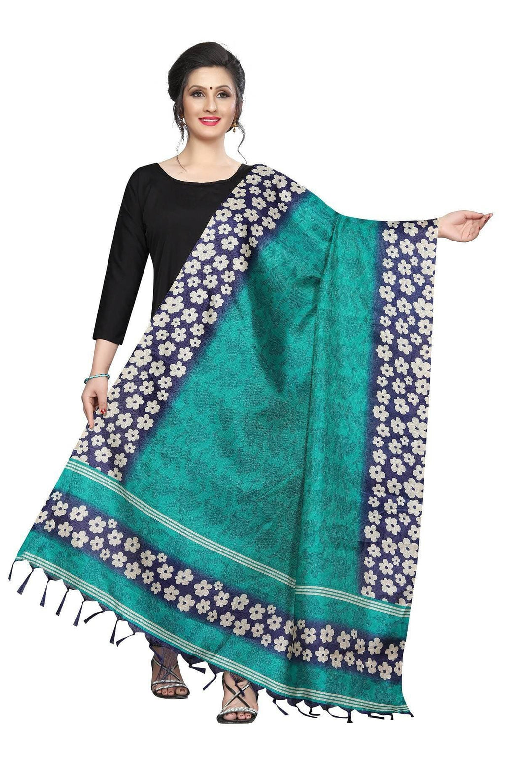 Vamika Rama Green Small Flowers Printed Khadi Bhagalpuri Traditional Dupatta