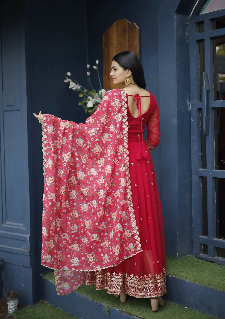 Jyoti Fashion Women's Red Faux Blooming Sequins with Zari Embroidery Anarkali Dress with Dupatta